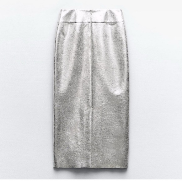 ZARA Stunning Silver Faux Leather Metallic Midi w/Broad Waistband & back slit🔥🔥🔥 - Picture 2 of 12
